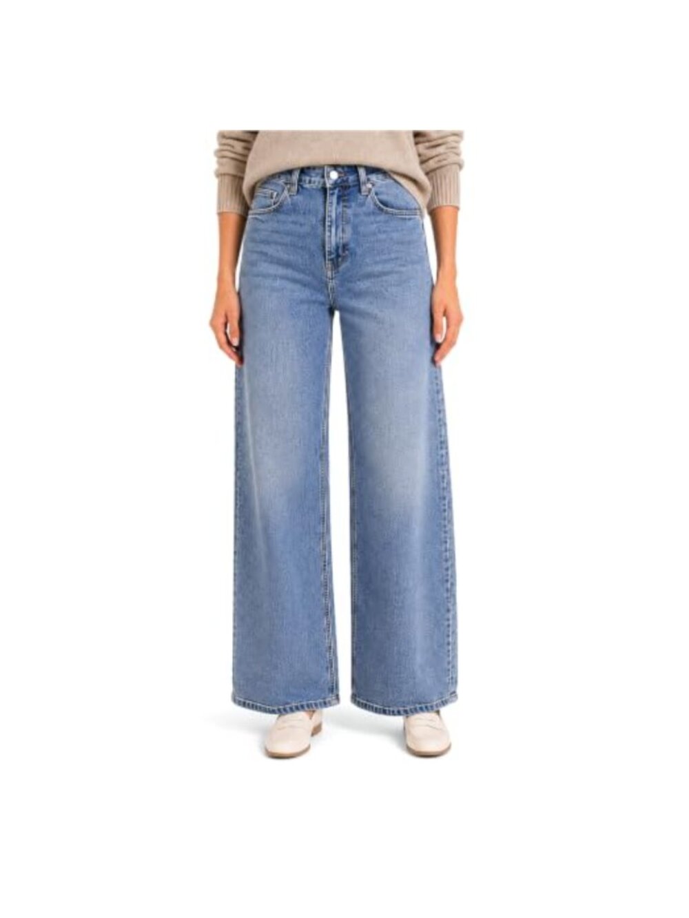 Women's High Waisted Wide Leg Straight Stretch Denim Jeans 32 Inseam Pockets